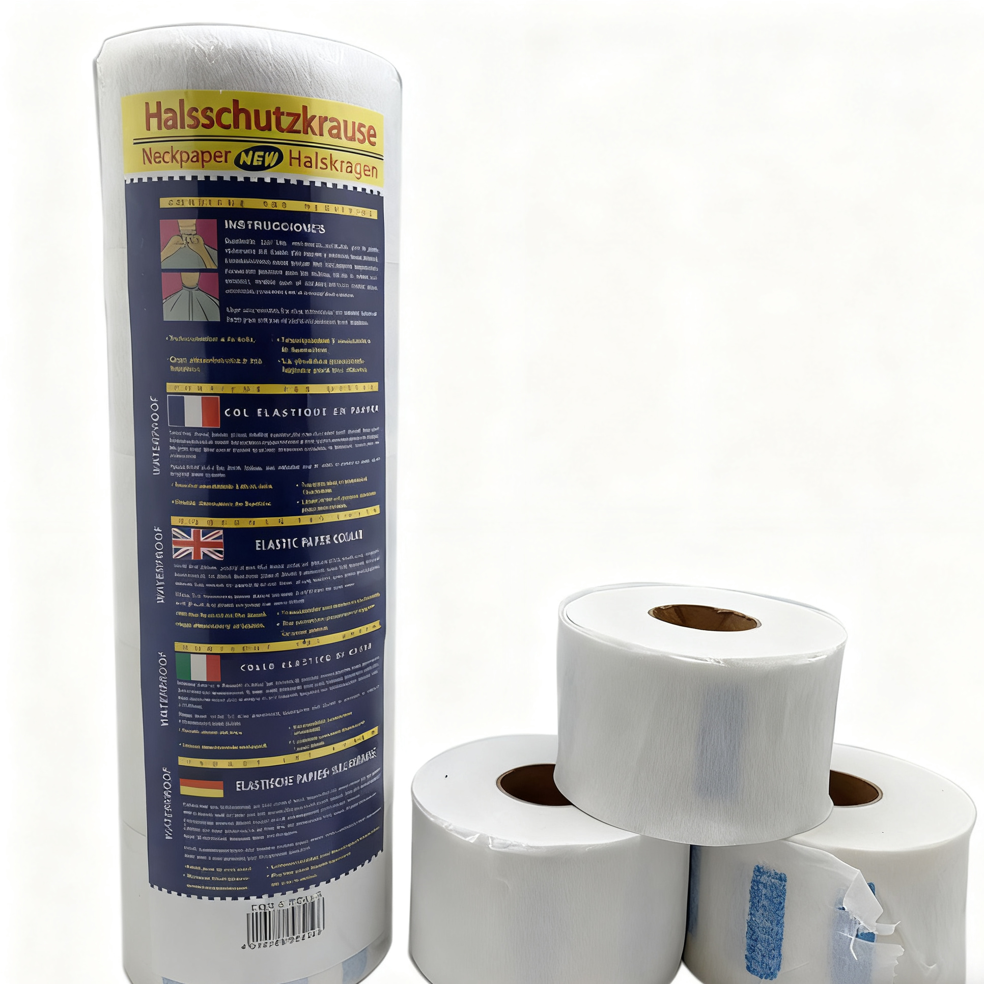 BeautéSync® Barber Neck Paper disposable neck ruffles front view, 5 rolls per pack, 100 sheets per roll, 434g pack weight, 6.5cm width, 10.5cm diameter